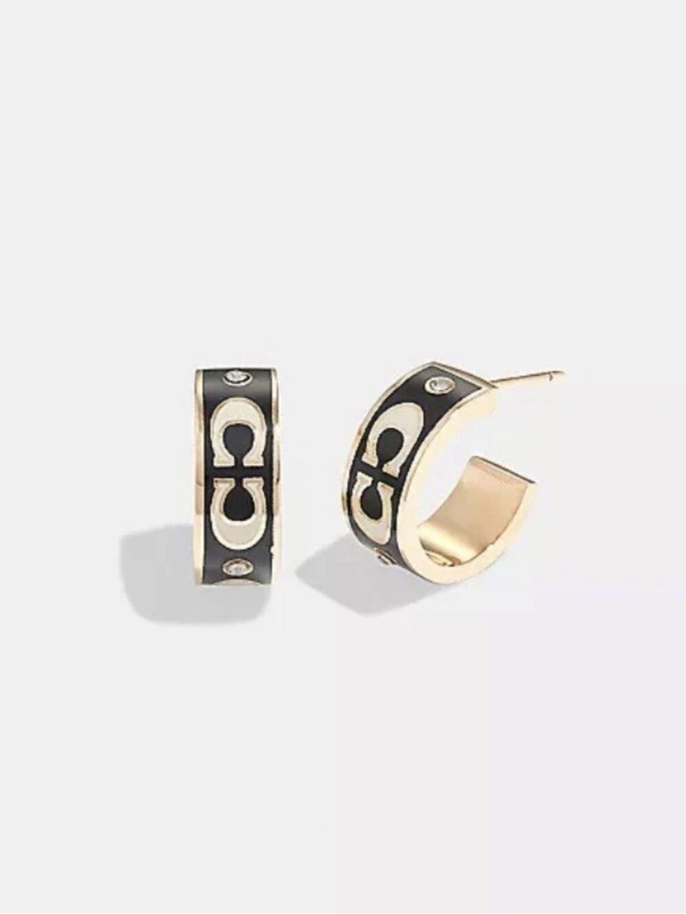 NWT Coach Signature Enamel Huggie Hoop Earrings Gold Black C9903 MSRP $78